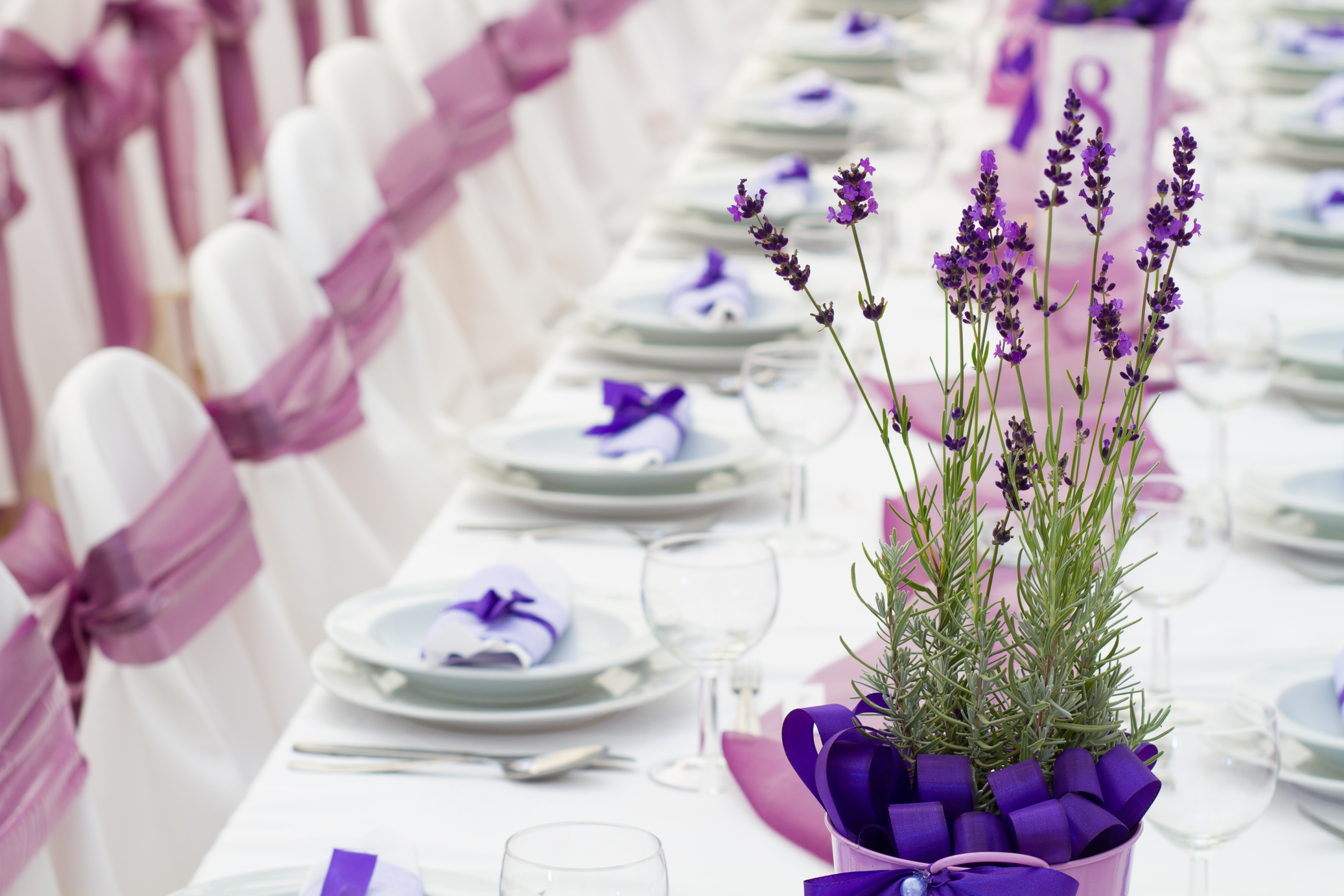 A wedding themed table setting in lavender